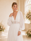 ChicSew Elegant V-Neck Long Sleeves A-Line Open Back Long Wedding Dresses With Lace Appliques
