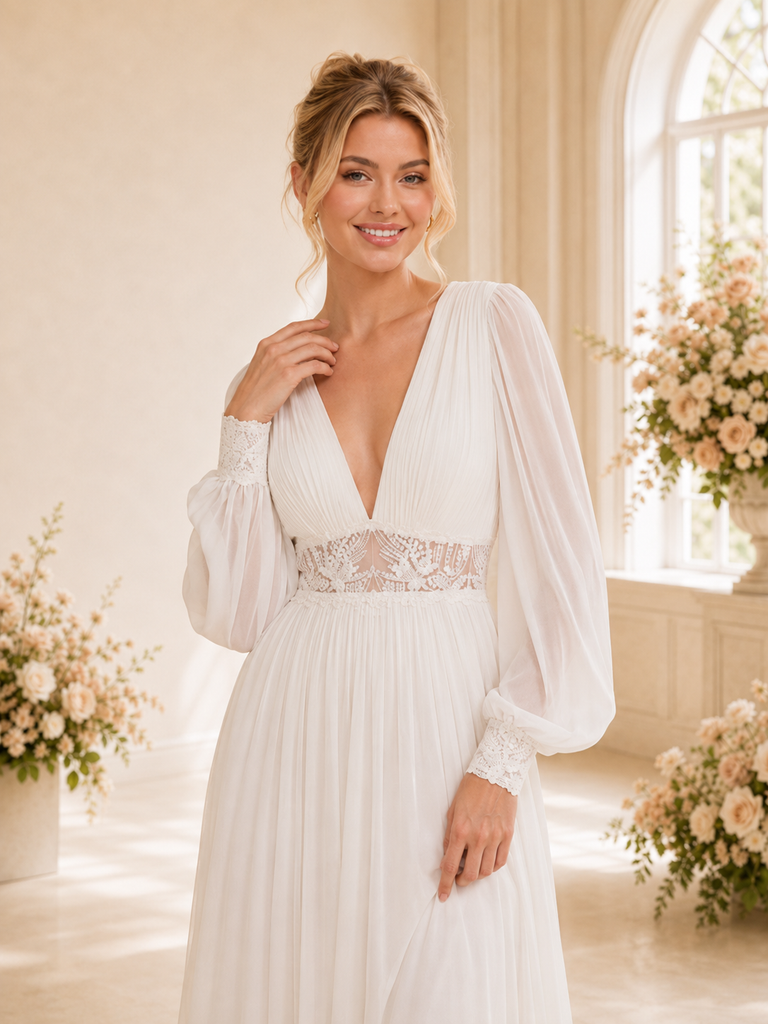 ChicSew Elegant V-Neck Long Sleeves A-Line Open Back Long Wedding Dresses With Lace Appliques