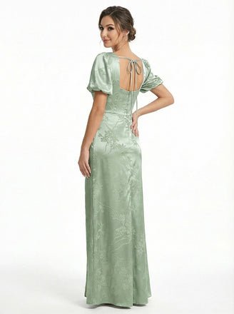 Elegant Jacquard Satin Side Slit Square neckline Mermaid Short Sleeves Long Formal Evening Dresses