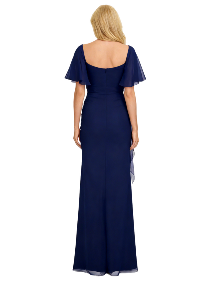 Elegant Flutter Sleeves Side Slit Chiffon Ruched Mermaid Mother of The Bride Dresses