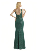 Shiny V-neck Mermaid Glitter Jersey Maxi Formal Dresses For Women Side Slit Spaghetti Straps