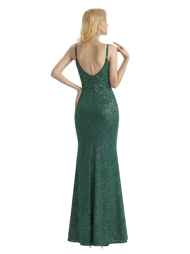 Shiny V-neck Mermaid Glitter Jersey Maxi Formal Dresses For Women Side Slit Spaghetti Straps