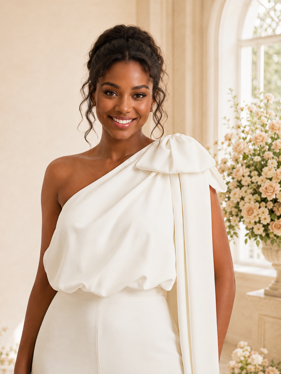 ChicSew Elegant One Shoulder Crepe Long Wedding Jumpsuit With Bow
