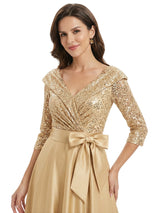 Stunning Sequin V-Neck A-Line Mother Of The Bride Satin Evening Gown