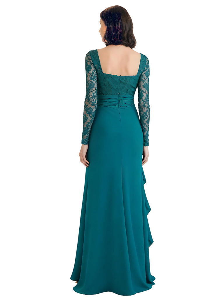 Elegant Chiffon Square Long Sleeves A-line Long Mother of The Bride Dresses