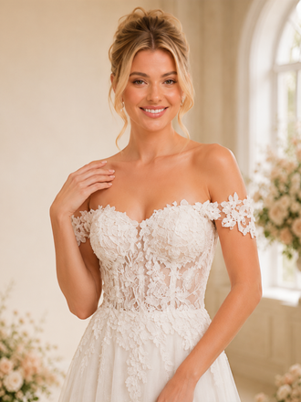ChicSew Elegant A-Line Side Slit Lace Tulle Off The Shoulder Boning Floor-Length Wedding Dresses With Train