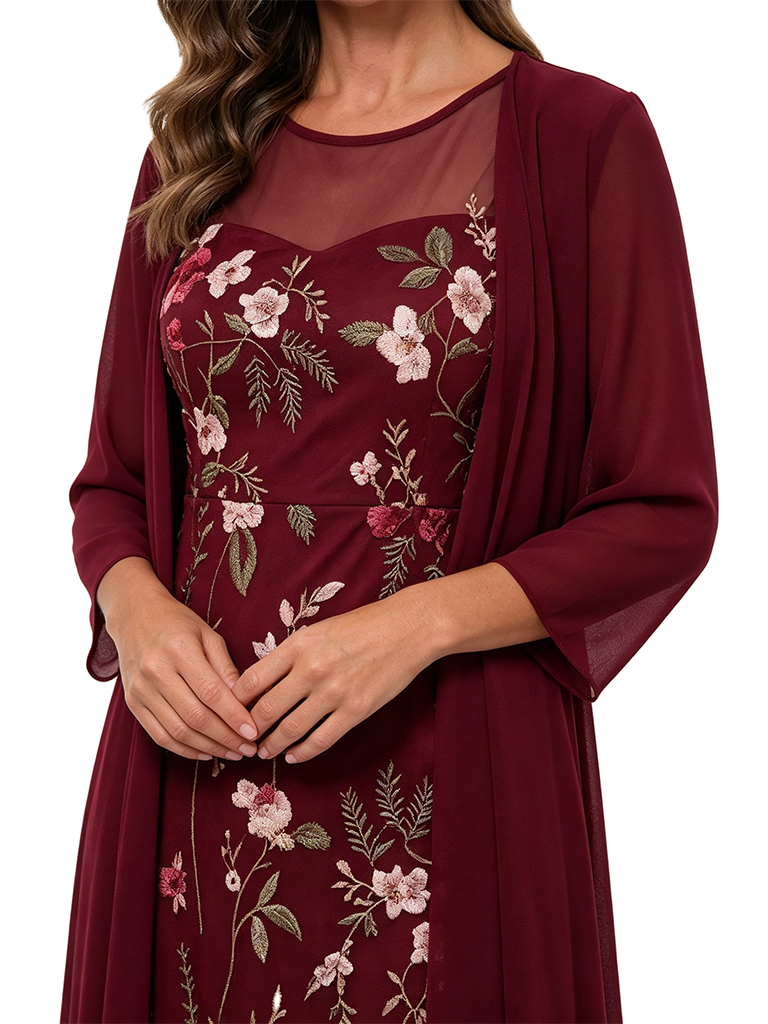 ChicSew Embroidered Floral Mother Of The Bride Dress With Chiffon Jacket Ankle-Length A-Line