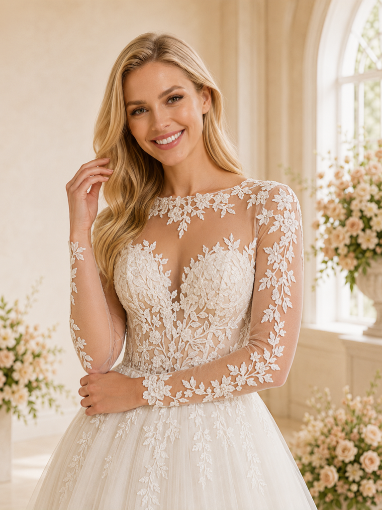 ChicSew Romantic Illusion A-Line Boning Lace Tulle Long Wedding Dresses With Button