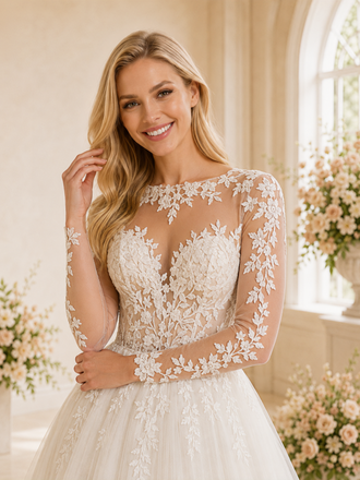 ChicSew Romantic Illusion A-Line Boning Lace Tulle Long Wedding Dresses With Button