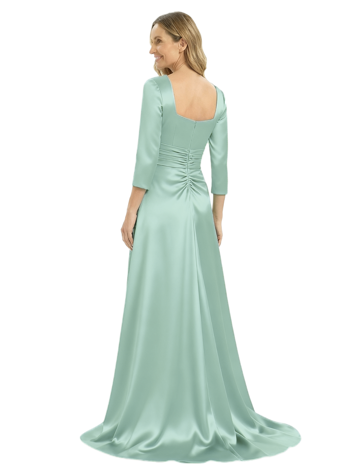 Chicsew Mother of The Groom Pantsuit Overskirt Stylish Square Long Sleeves Satin Long Gown