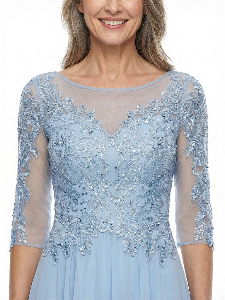 ChicSew Jewel 3/4 Sleeves A-Line Chiffon Tea-Length Lace Mother Of The Bride Dress