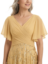 ChicSew V-Neck Short Sleeves Sequin Ruched A-Line Floor Length Chiffon Elegant Mother Of The Bride And Groom Dresses