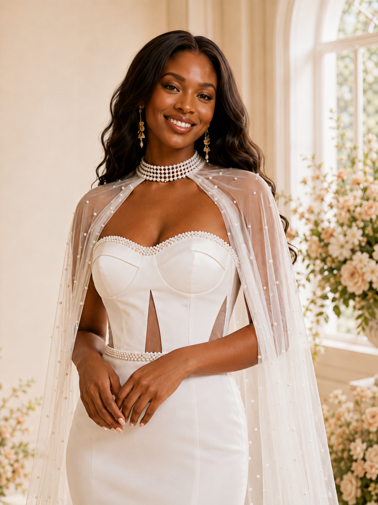 ChicSew Unique Fancy Mermaid Sweetheart Crepe Beaded Maxi Long Wedding Dress With Lace Cape