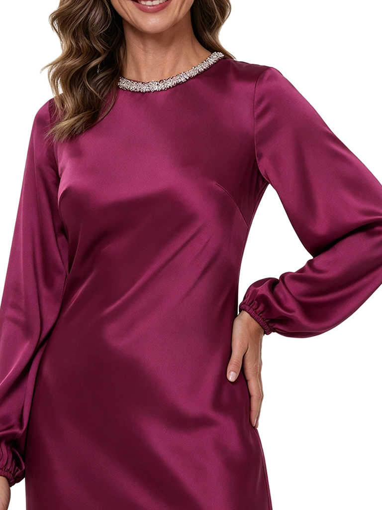 ChicSew Jewel Beaded Long Sleeve Satin Sheath Ankle-Length Mother of the Bride Dress