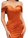 Elegant Silky Satin Off The Shoulder Mermaid Side Slit Ruched Long Bridesmaid Dresses