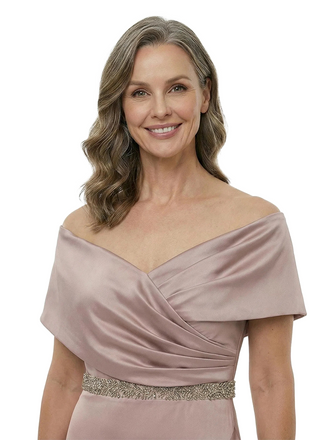 ChicSew Off The Shoulder Beaded Waist Satin Mermaid Mother Of The Groom Evening Gowns Slit