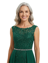 ChicSew Round Neck Sleeveless Lace Beaded Chiffon Overlay Floor Length Modern Mom Of The Groom Dresses