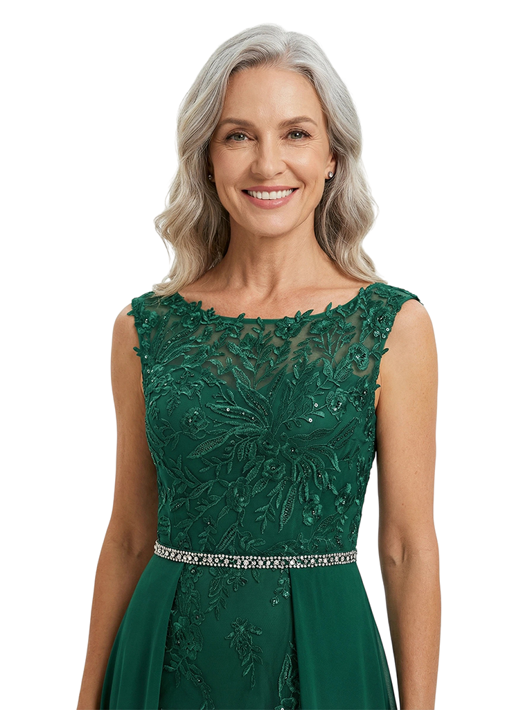 ChicSew Round Neck Sleeveless Lace Beaded Chiffon Overlay Floor Length Modern Mom Of The Groom Dresses