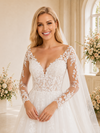 ChicSew Elegant Pleated A-Line Lace Applique Tulle V-Neck Long Sleeves Maxi Long Wedding Dress