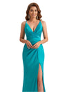 Sexy V-Neck Spaghetti Straps Mermaid Side Slit Silky Satin Long Bridesmaid Dresses Online