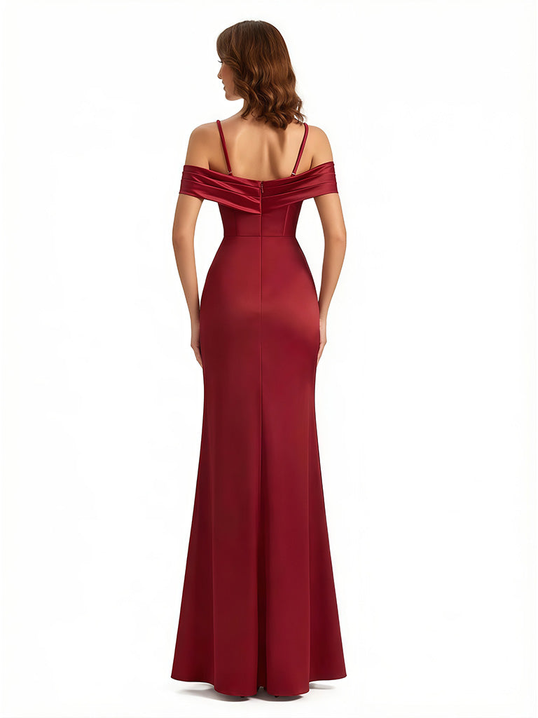 Sexy Cold Shoulder Mermaid Silky Satin Maxi Evening Gowns For Ladies With Bonings Side Slit