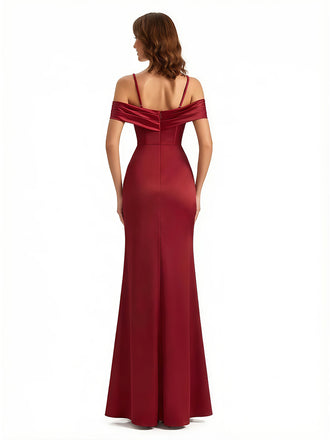 Sexy Cold Shoulder Mermaid Silky Satin Maxi Evening Gowns For Ladies With Bonings Side Slit