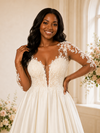 ChicSew Classy V-Neck A-Line Long Tulle Sleeves Satin Maxi Wedding Dress With Lace Applique