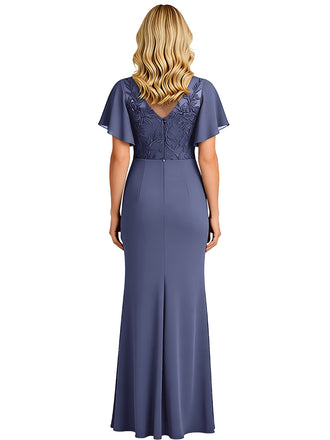 Elegant V-neck Bell Sleeves Mermaid Chiffon Side Slit Mother of the Brides Dresses