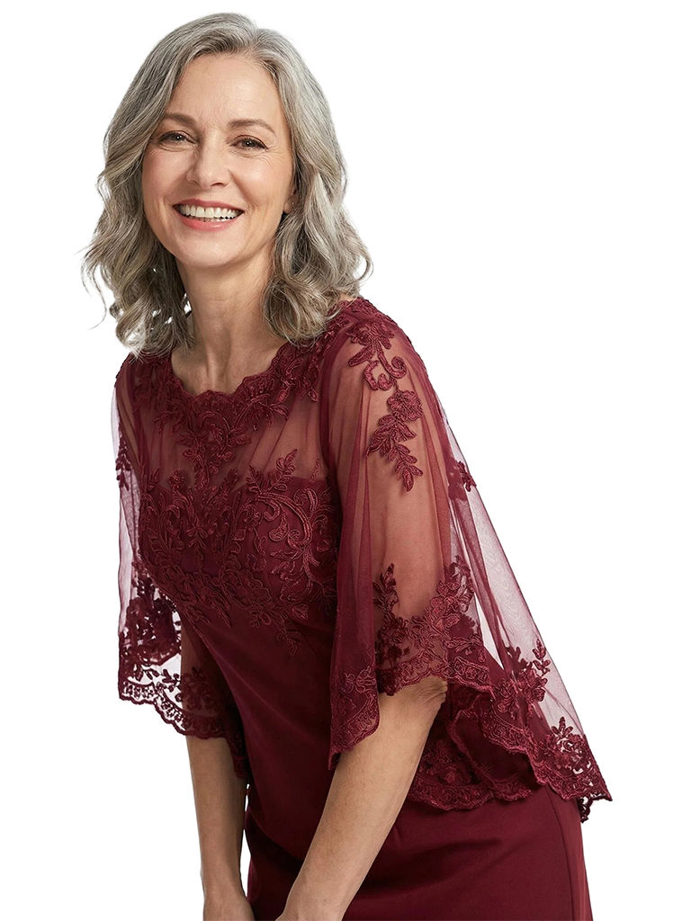 ChicSew Unique Illusion Lace Chiffon Mother Of The Bride Dresses Cape Sleeves Sheath Gown