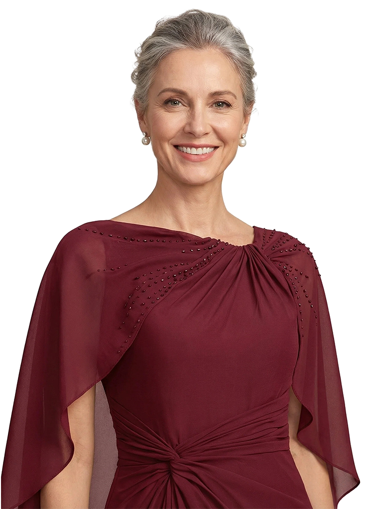 ChicSew Asymmetric Cape Sleeve Beaded Detail Ruched Waist Floor Length Chiffon Modern Mother of the Bride Dresses