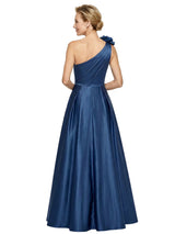 Elegant One Shoulder Satin A-Line Mother Of The Bride Gown With Unique Floral Applique