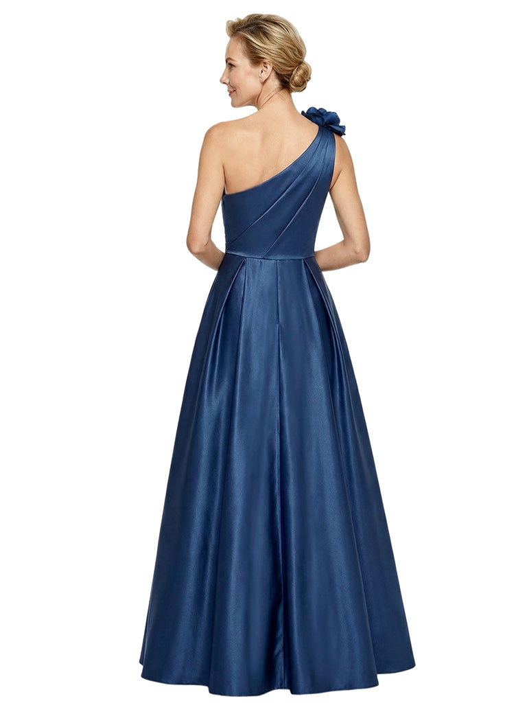 Elegant One Shoulder Satin A-Line Mother Of The Bride Gown With Unique Floral Applique