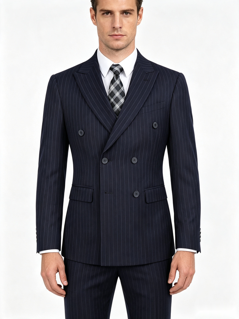 Classic 1 Piece Dark Navy Men's Suit with Regular Fit and Sophisticated Peak Lapel Vertical Strips