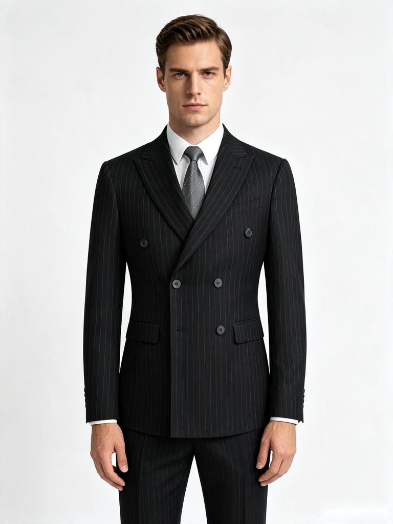 Classic 2 Piece Black Men's Suit with Regular Fit and Sophisticated Peak Lapel Vertical Strips
