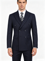 Classic 3 Piece Dark Navy Men's Suit with Regular Fit and Sophisticated Peak Lapel Vertical Strips