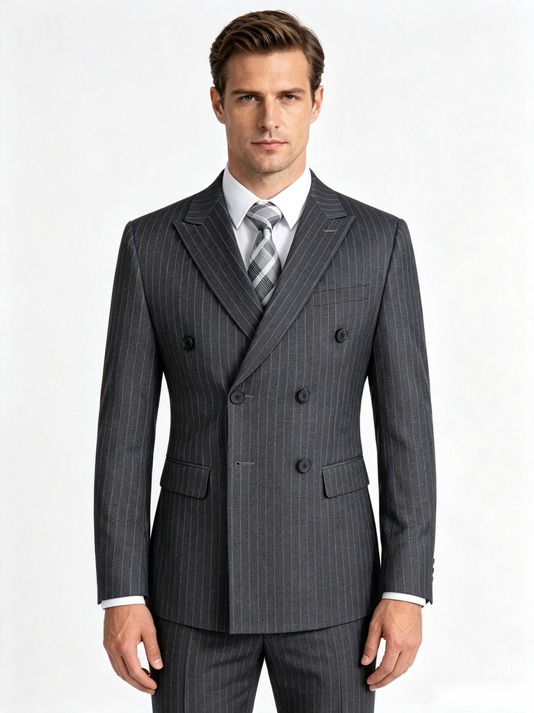 Classic 1 Piece Grey Men's Suit with Regular Fit and Sophisticated Peak Lapel Vertical Strips