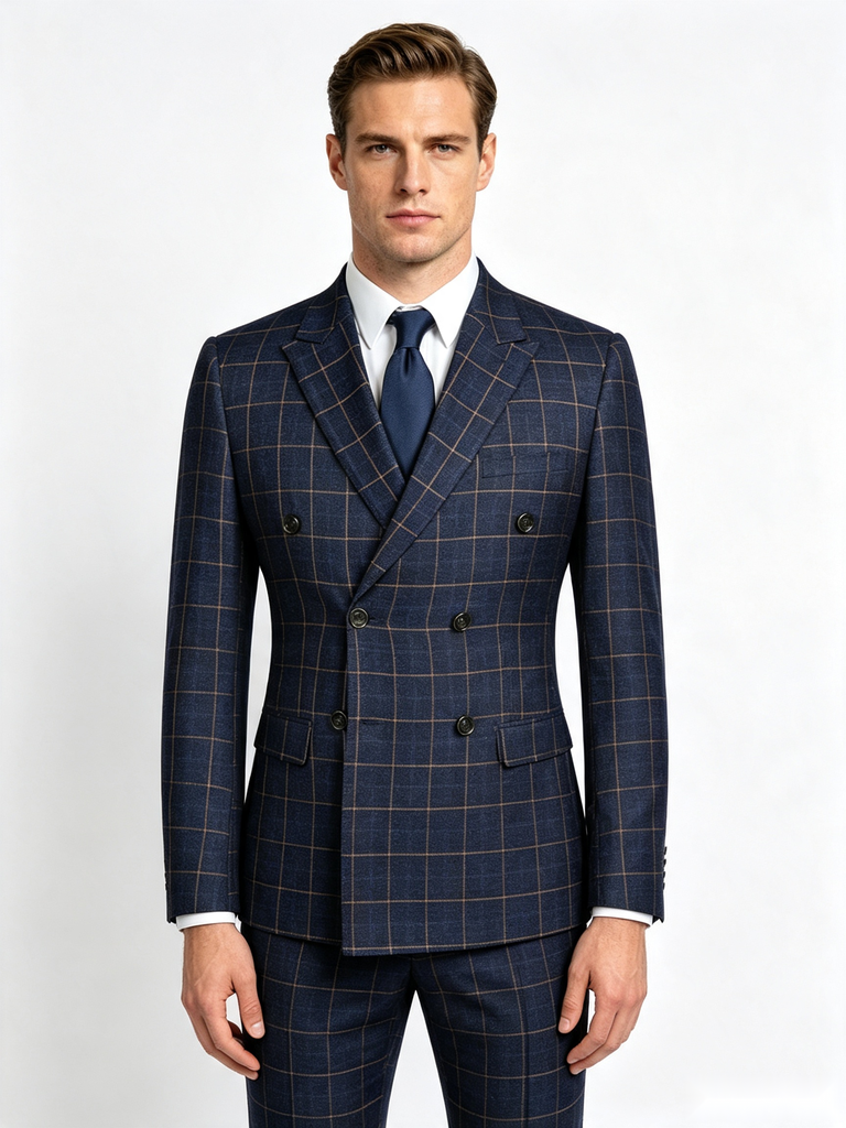 Classic 3 Piece Dark Navy Men's Suit with Regular Fit and Sophisticated Peak Lapel Vertical Strips