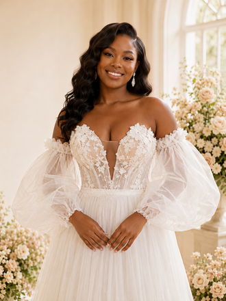 ChicSew Sexy Sweetheart Puff Sleeves A-Line Tulle Maxi Wedding Dress With Lace Appliques