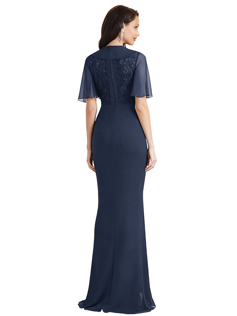Elegant Chiffon V-neck Short Sleeves Mermaid Long Mother of The Bride Dresses and Jacket