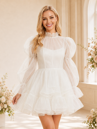 ChicSew Modern A-line Puff Long Sleeves High Neck Mini Lace Tulle Tiered Wedding Dresses With Ruffle