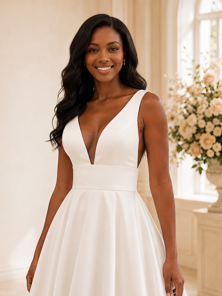 ChicSew Simple V-Neck Satin A-Line Sleeveless Floor-Length Wedding Dress