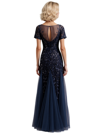 Elegant Dark-Navy Tulle And Lace Short Sleeves Mermaid Long Mother Of The Bride Dresses