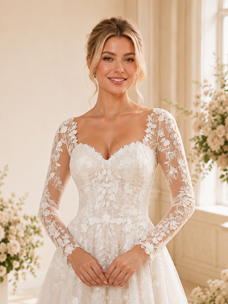 ChicSew Beautiful Long Sleeves Lace Appliques Tulle A-Line Maxi Wedding Dress Online