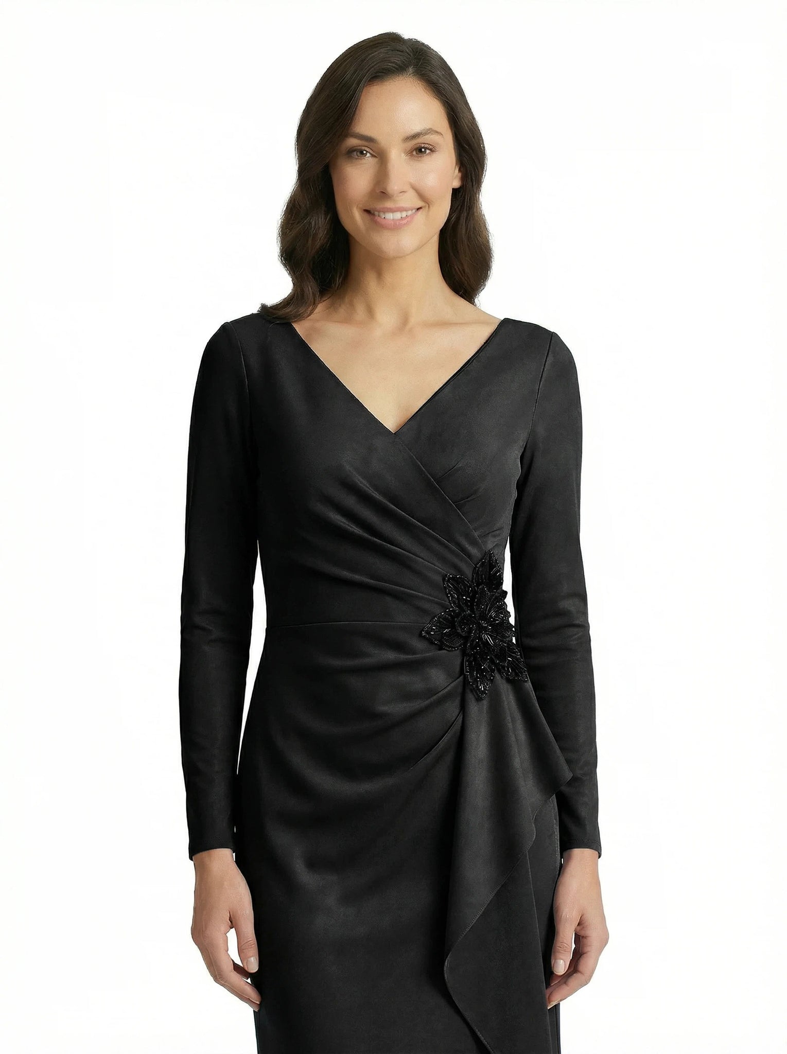 Chicsew Simple V-Neck Long Sleeves Maxi Crepe Ruched Mother of The Groom Dress