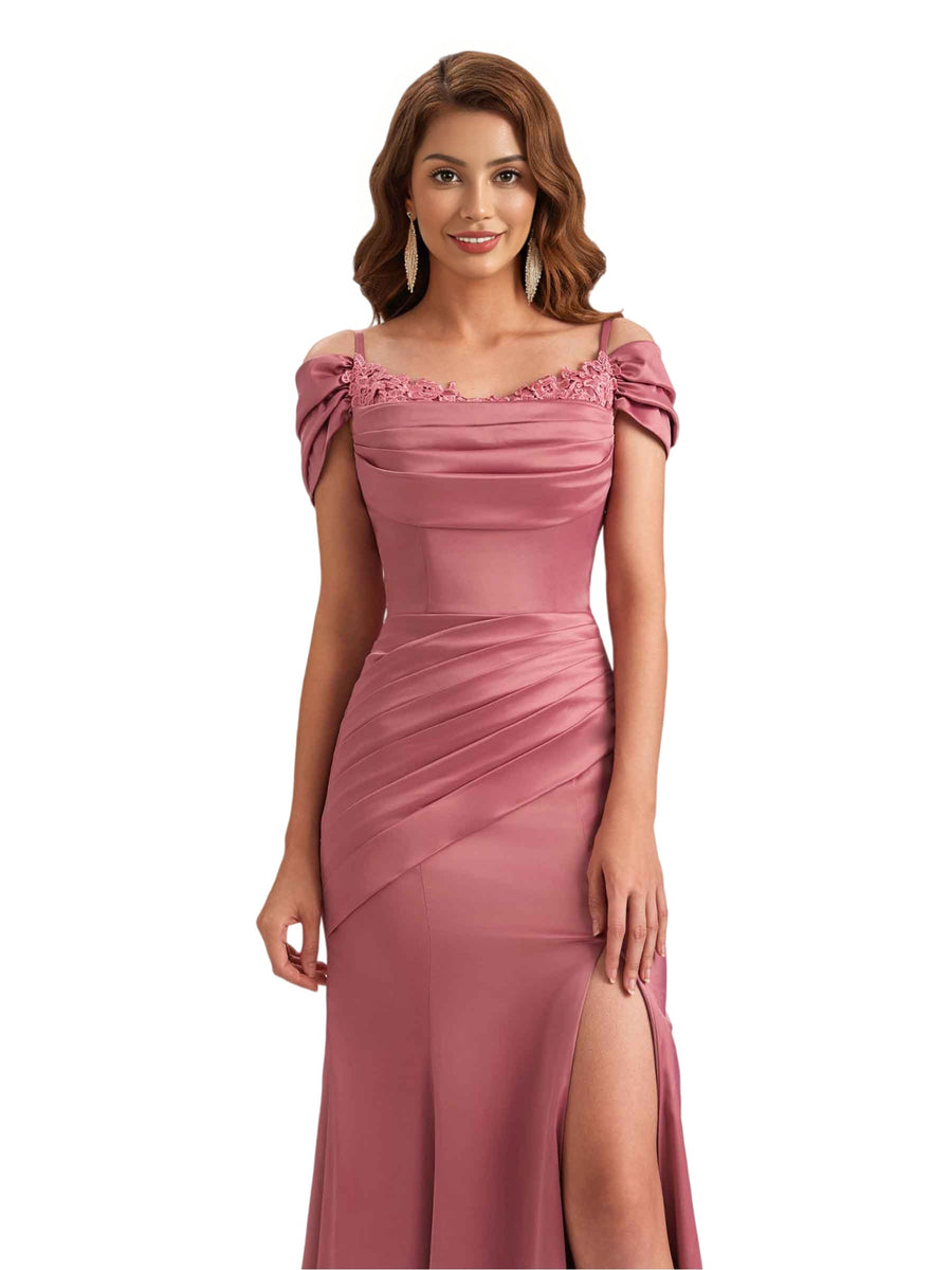 Sexy Soft Satin Cold Shoulder Mermaid Side Slit Unique Long Bridesmaid Dresses