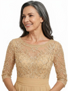 ChicSew Scoop Long Sleeve Beaded Lace Ruched Waist Floor Length Chiffon Elegant Mother of the Bride Dresses