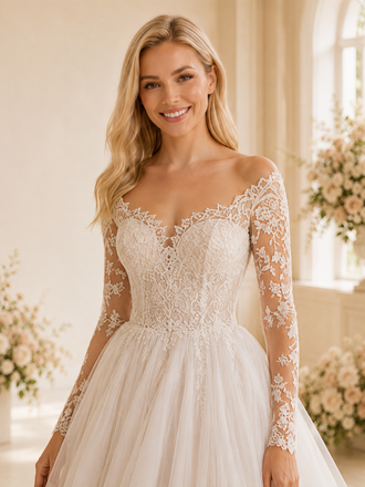 ChicSew Elegant Pretty Long Sleeves A-Line Lace Tulle Floor-Length Wedding Dress With Applique