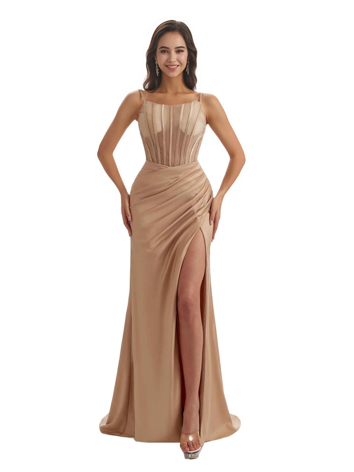 Elegant Mermaid Pleats Side Slit  Soft Satin Long Bridesmaid Dress For Wedding Spaghetti Strap
