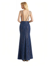 Sexy V-Neck Mermaid Glitter Jersey Floor Length Formal Evening Dresses For Women
