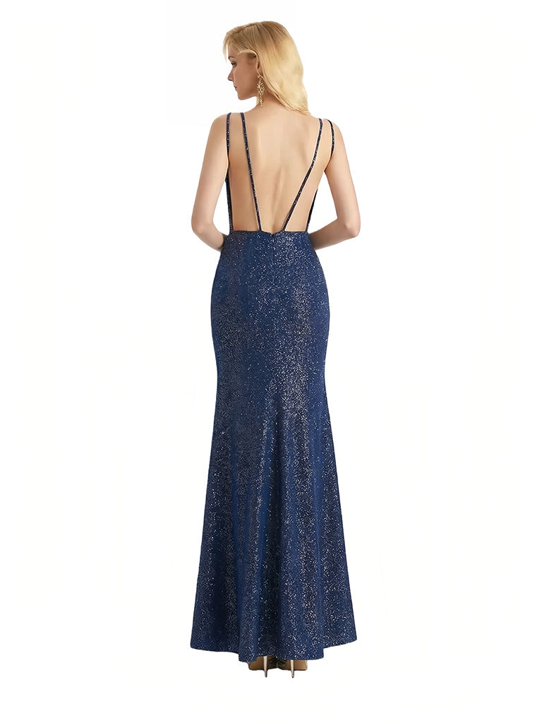 Sexy V-Neck Mermaid Glitter Jersey Floor Length Formal Evening Dresses For Women